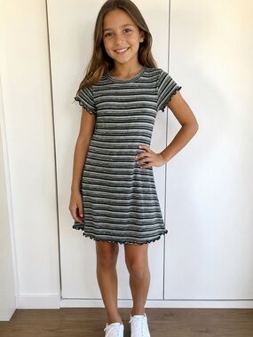 Striped Green and Black Ruffle-Trim Knit Dress for Girls